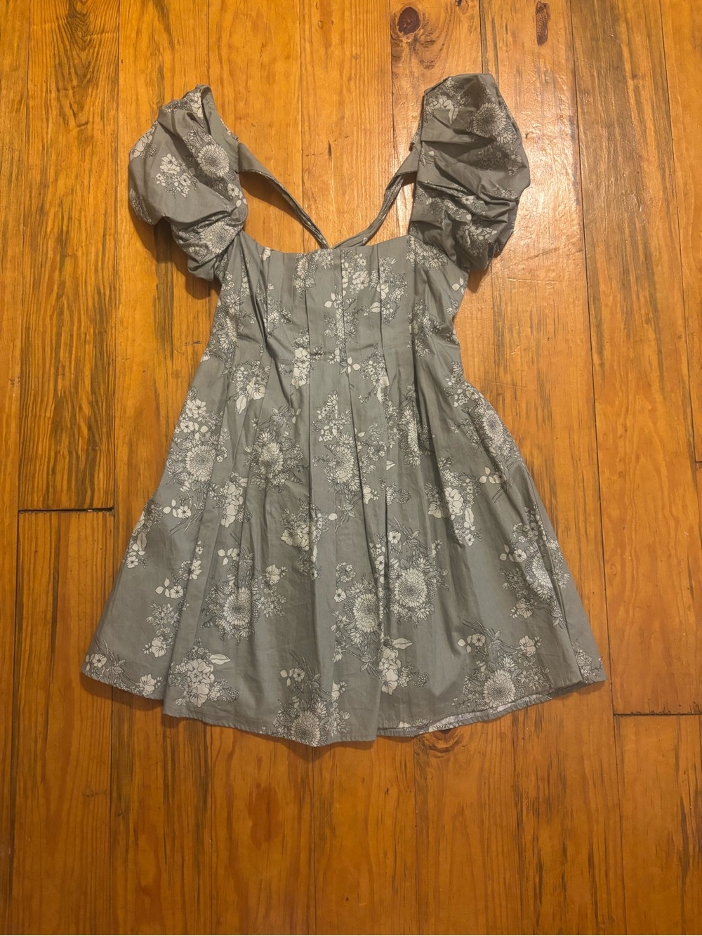 Altar'd State Gray Floral Puff-Sleeve Mini Dress